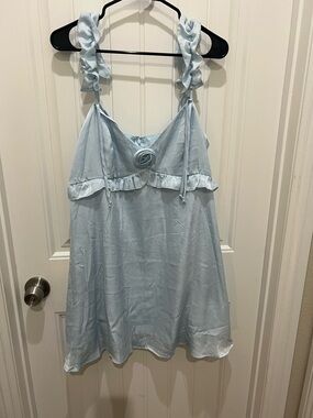 wild fable Light Blue Satin Dress with Rosette Detail